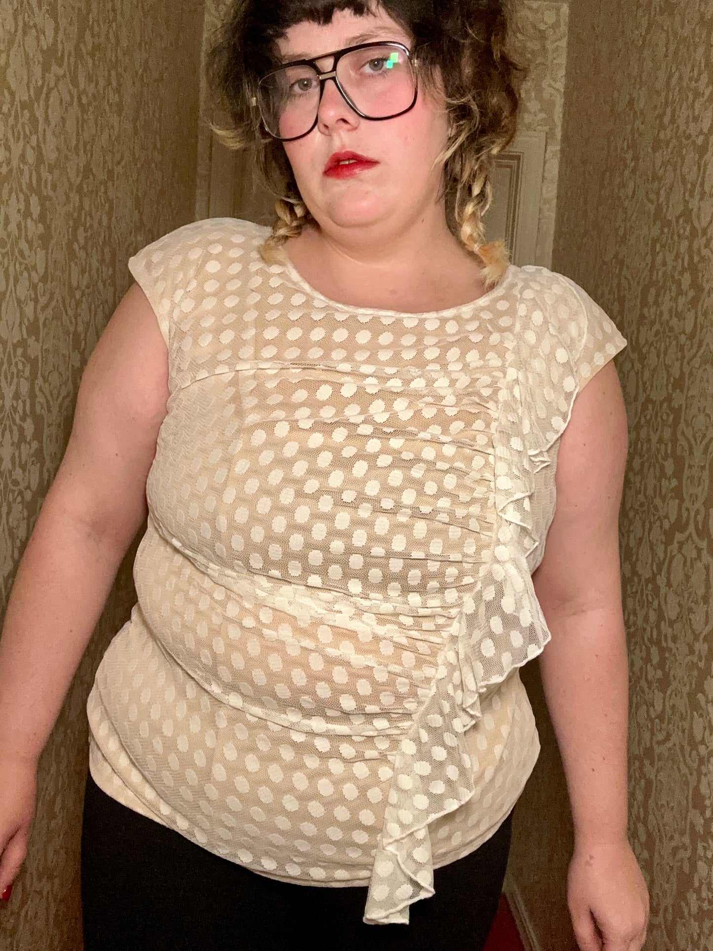 White Polka Dot Ruffle Top (XL)