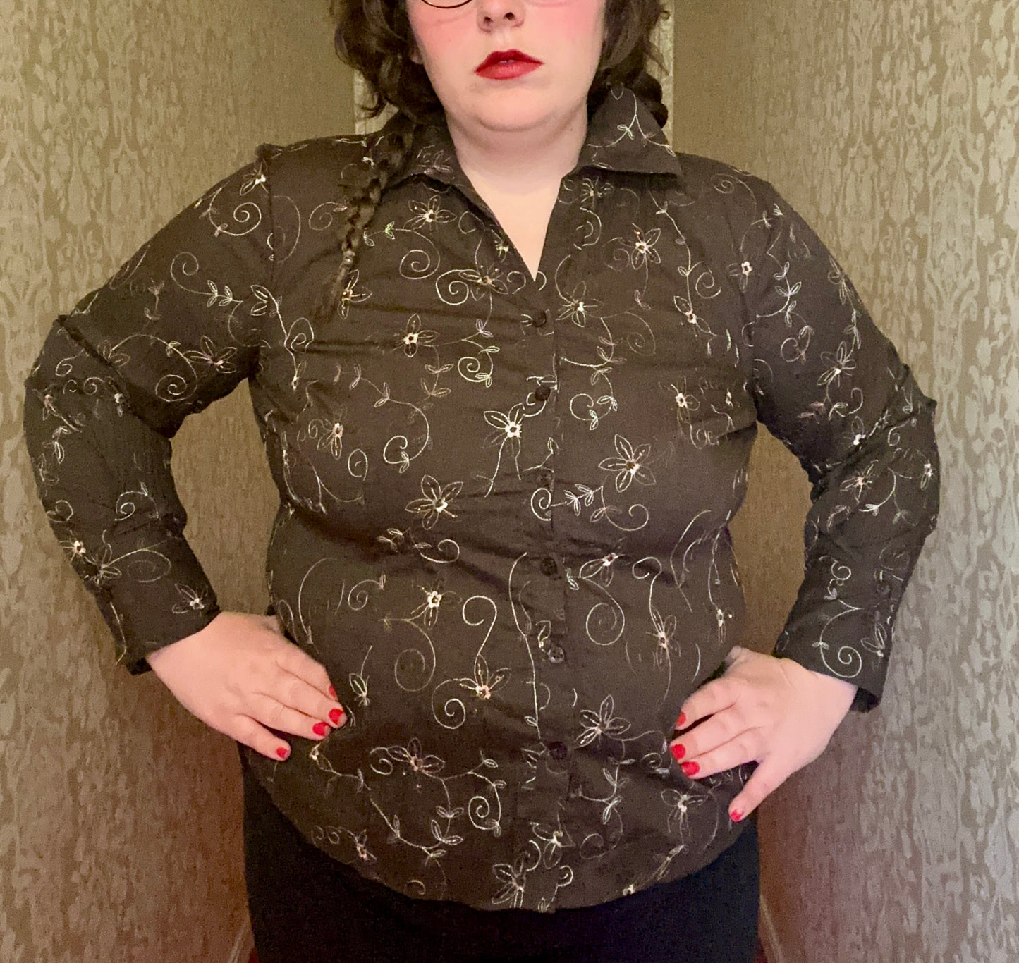 Brown Whimsical Floral Button Up (XL)