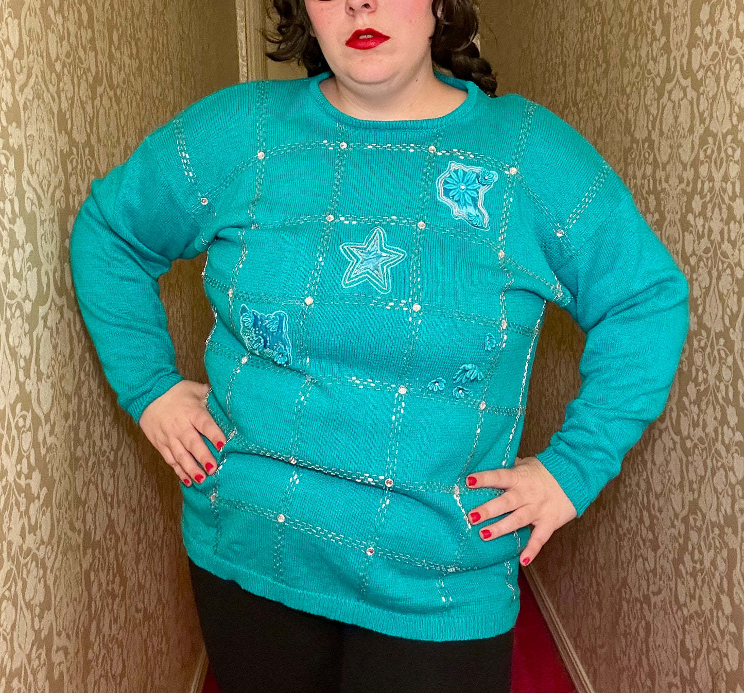 Teal Beaded Sparkle Sweater (XL)