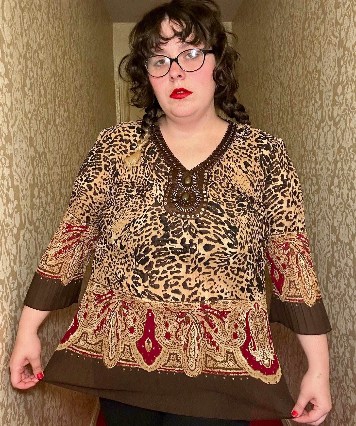 Beaded Leopard Long Sleeve Blouse (XL)