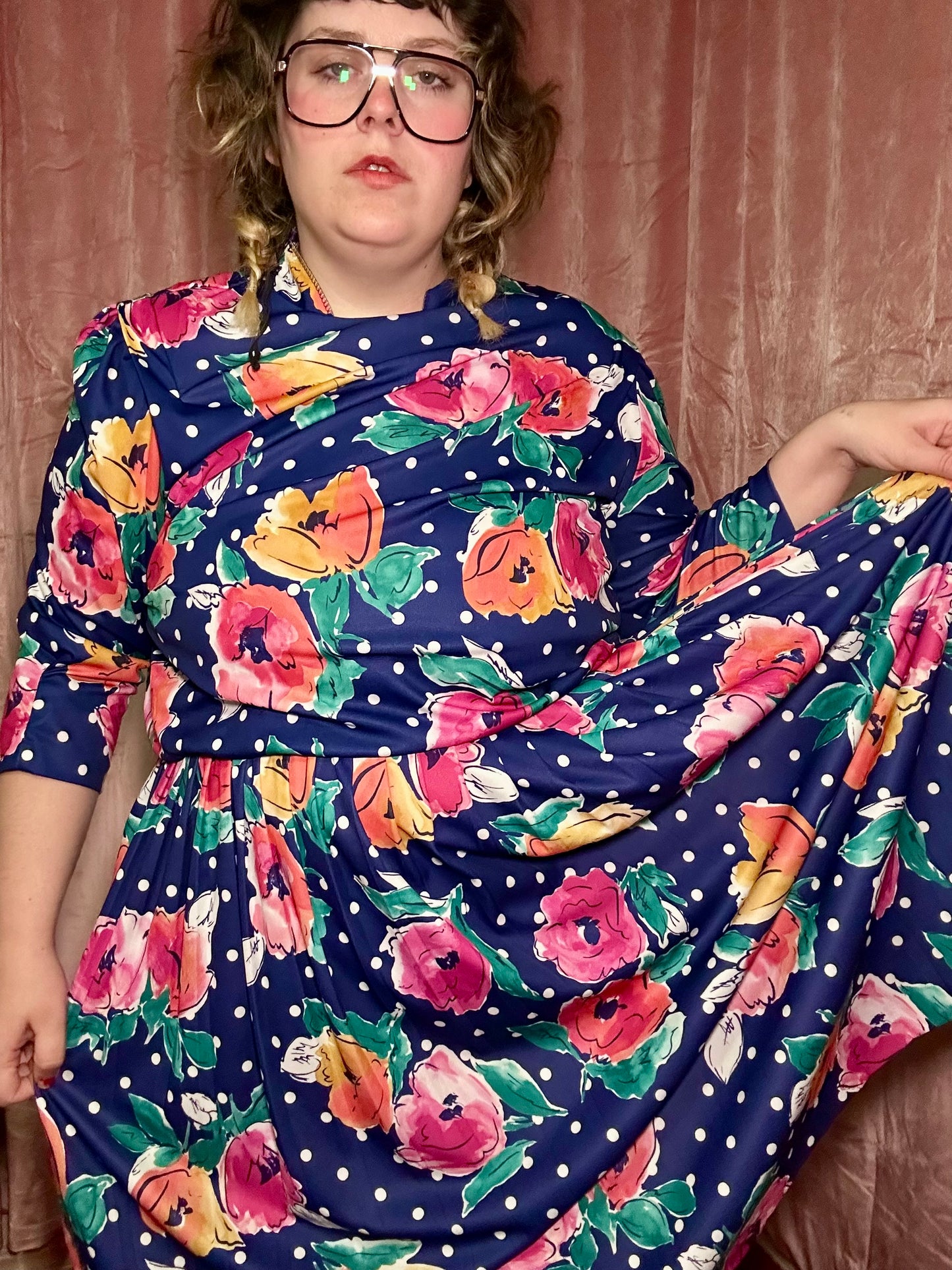 Navy Polka Dot Floral Dress (18W)