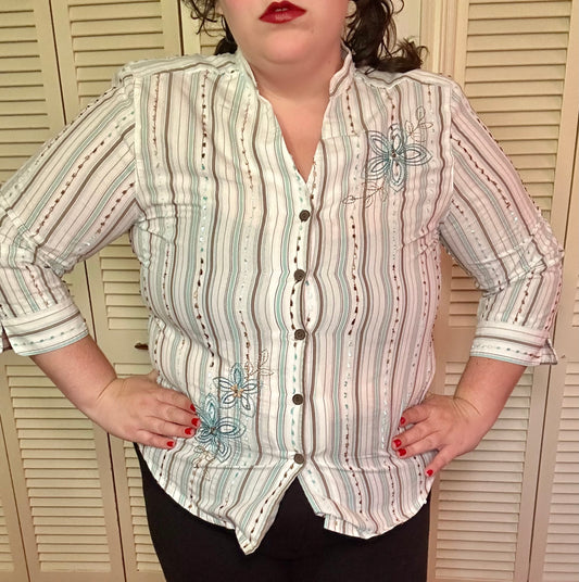 Y2K teal and brown striped blouse (16)