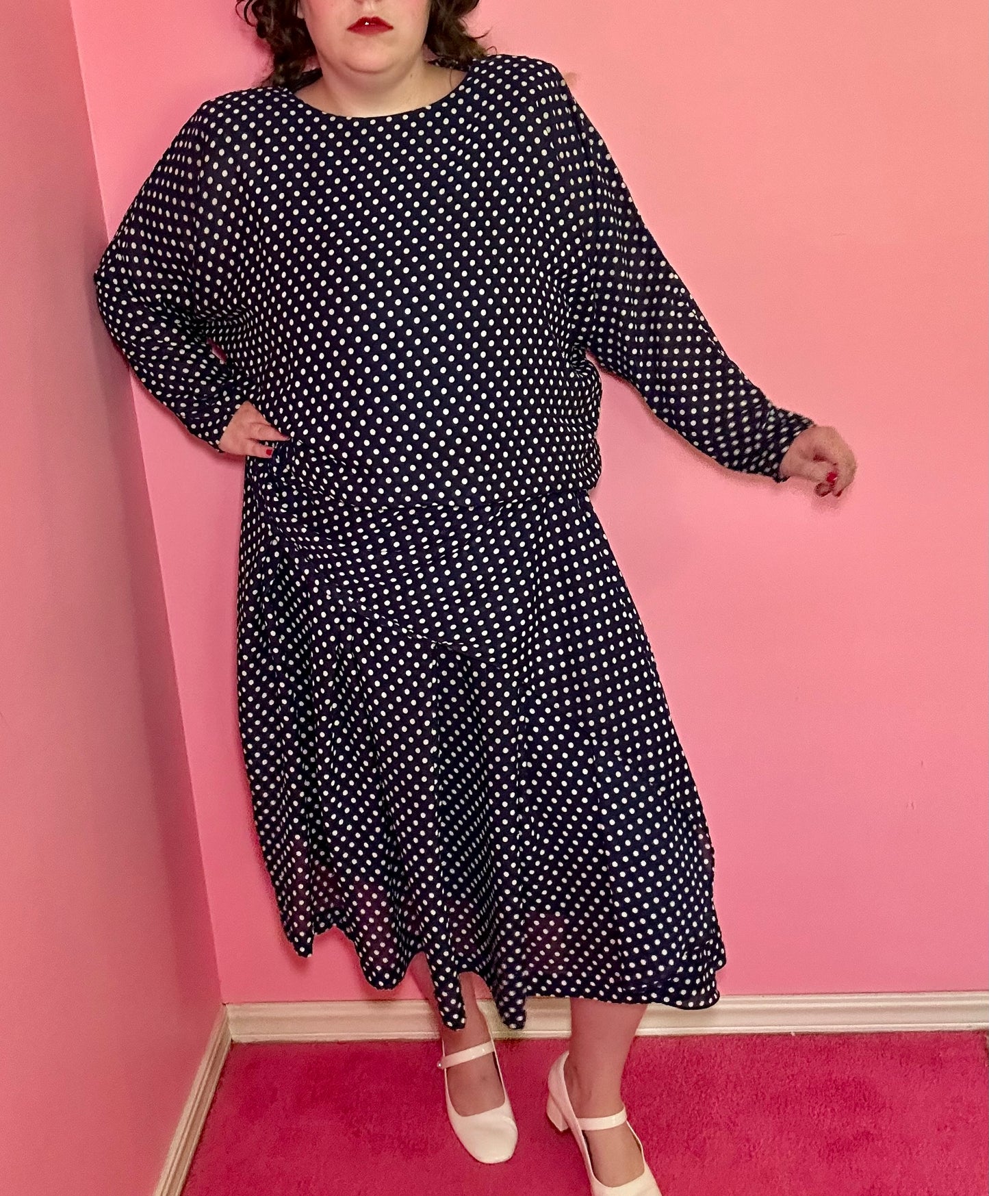 Navy Polka Dot Drop Waist Dress (18)