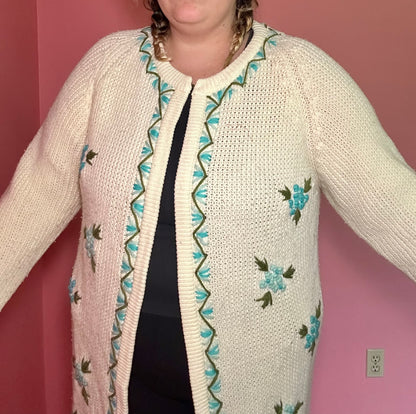 Blue Floral Sweater Cardigan (XL)
