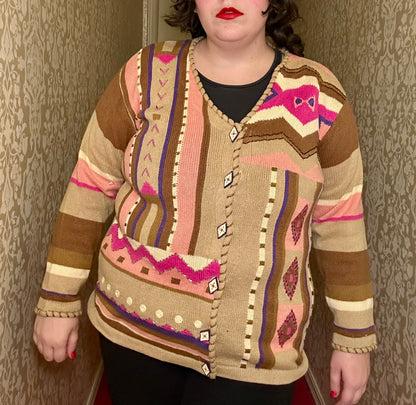 Tan and Pink Southwestern Sweater Cardigan (L)