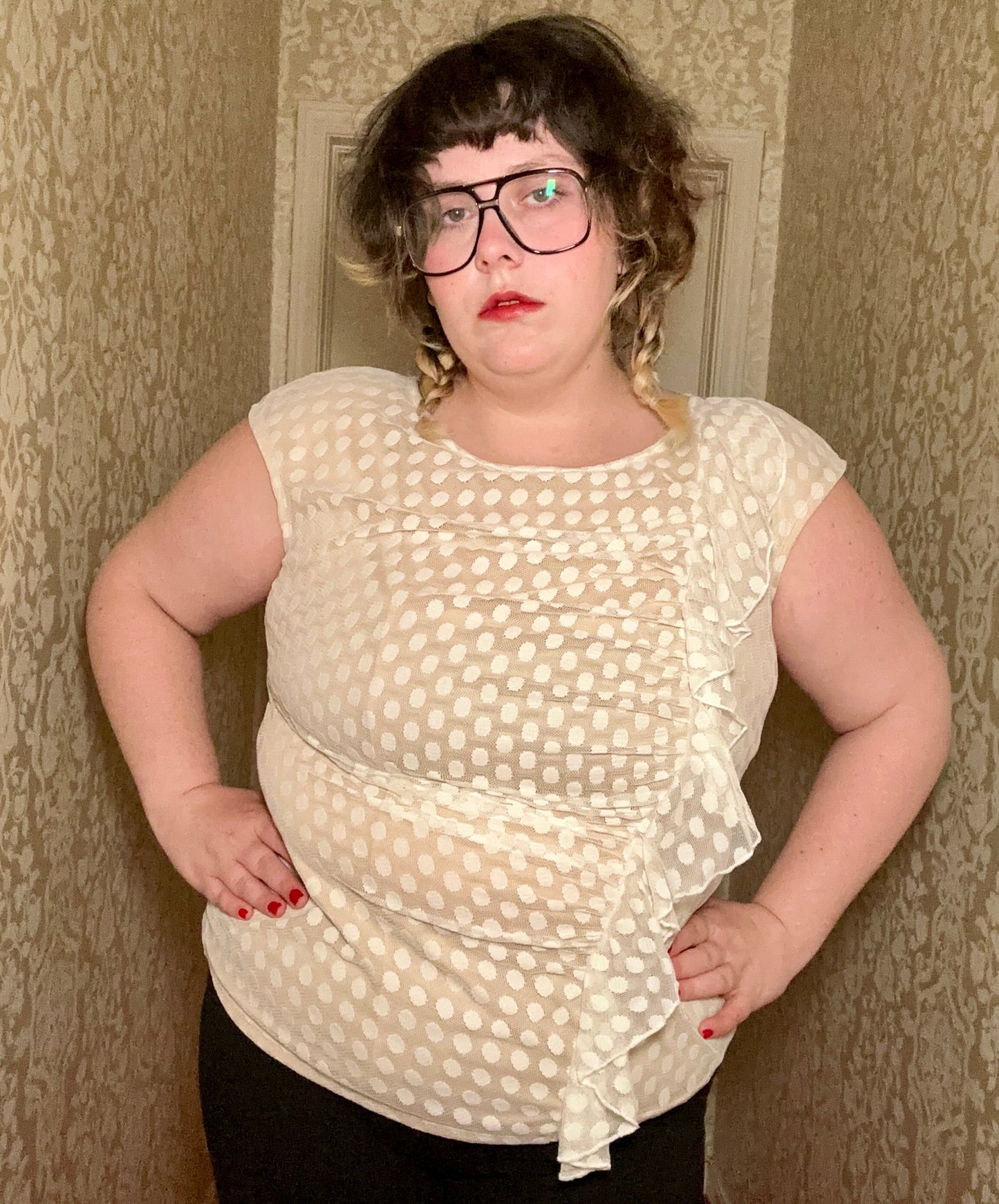 White Polka Dot Ruffle Top (XL)