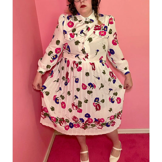 Morning Glories Floral 80s Vintage Collared Dress (14)