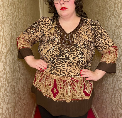 Beaded Leopard Long Sleeve Blouse (XL)