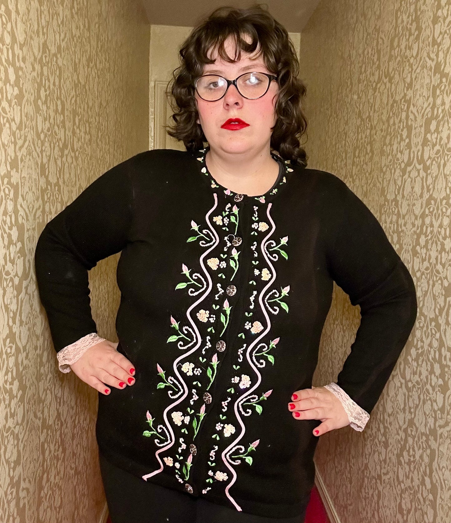 Whimsical Black and Baby Pink Sweater Cardigan (L)