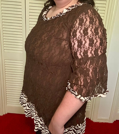 Brown Lace Zebra Ruffle Blouse (XL)