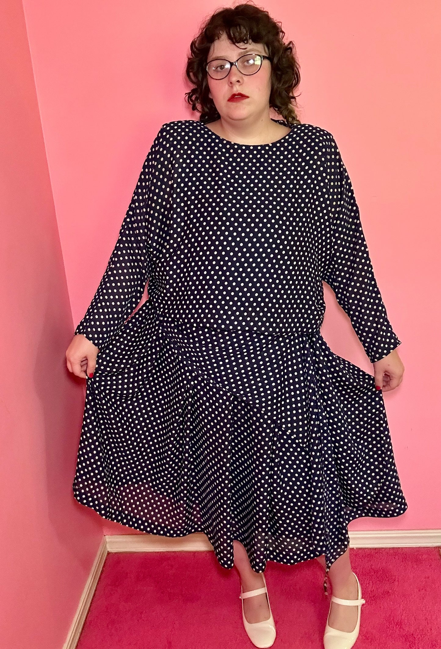Navy Polka Dot Drop Waist Dress (18)