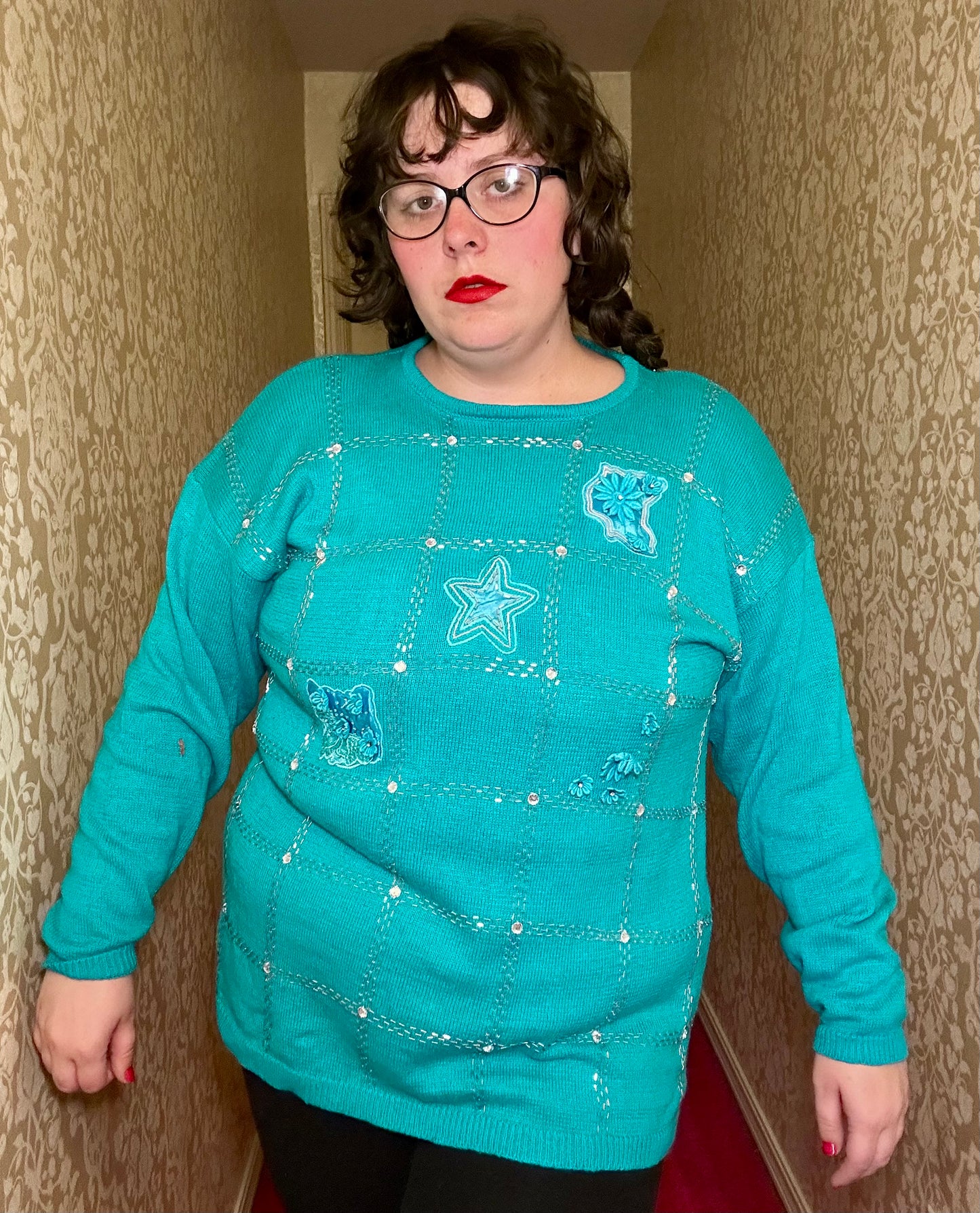 Teal Beaded Sparkle Sweater (XL)