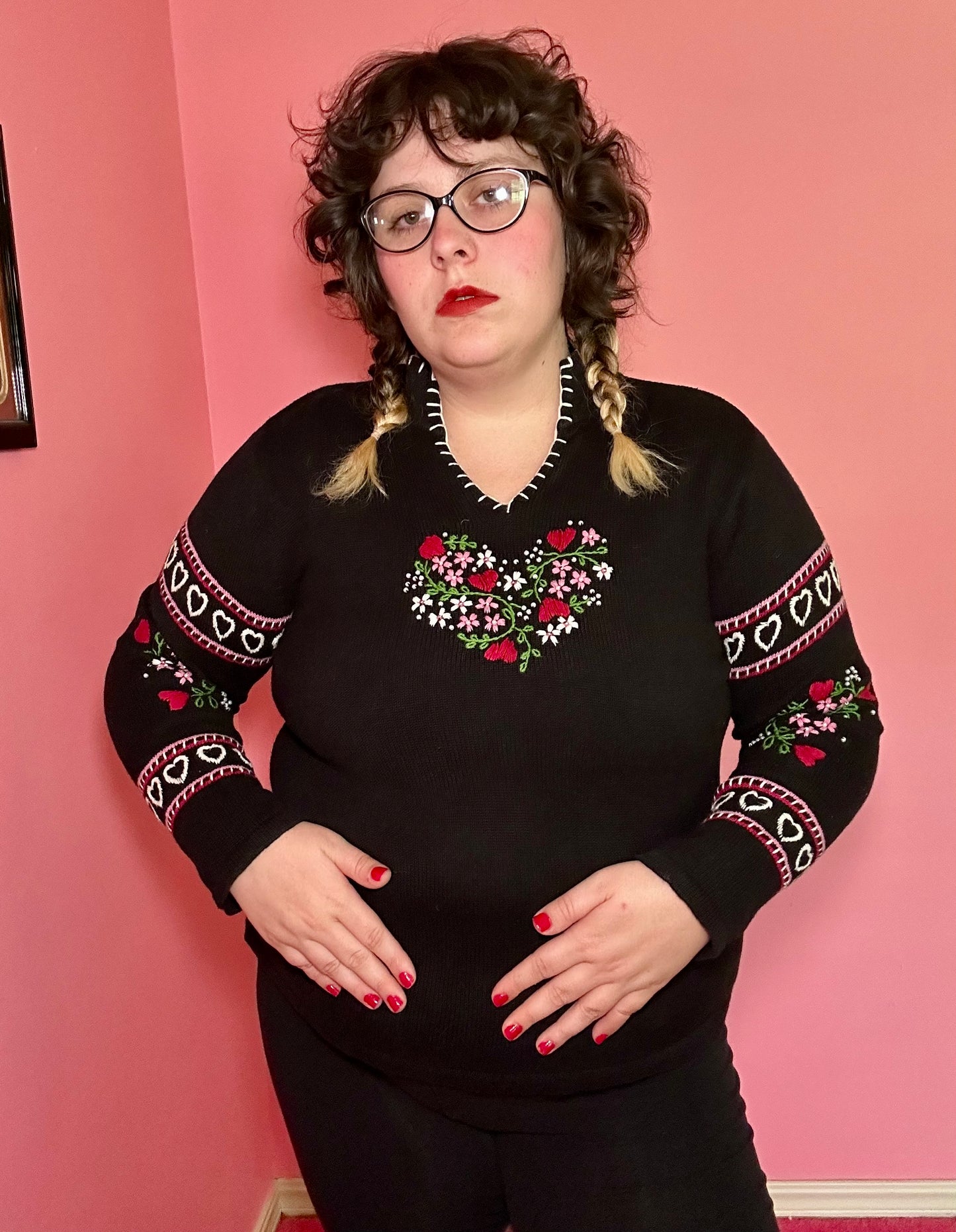Floral Heart Black Sweater (L)