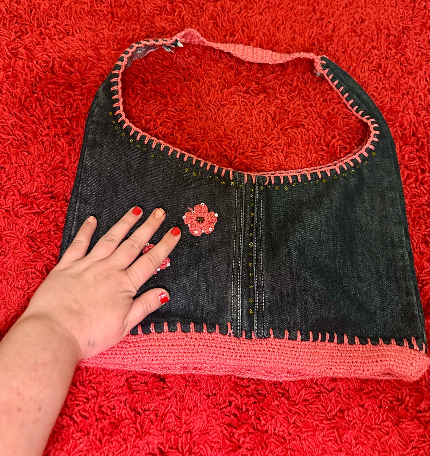 Y2K Denim Floral Beaded Purse