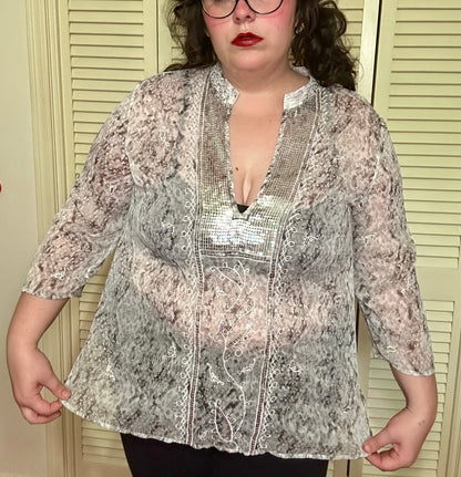 Sheer grey boho sparkly Blouse (3X)