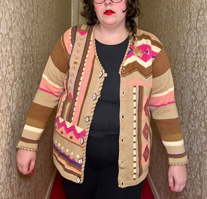 Tan and Pink Southwestern Sweater Cardigan (L)