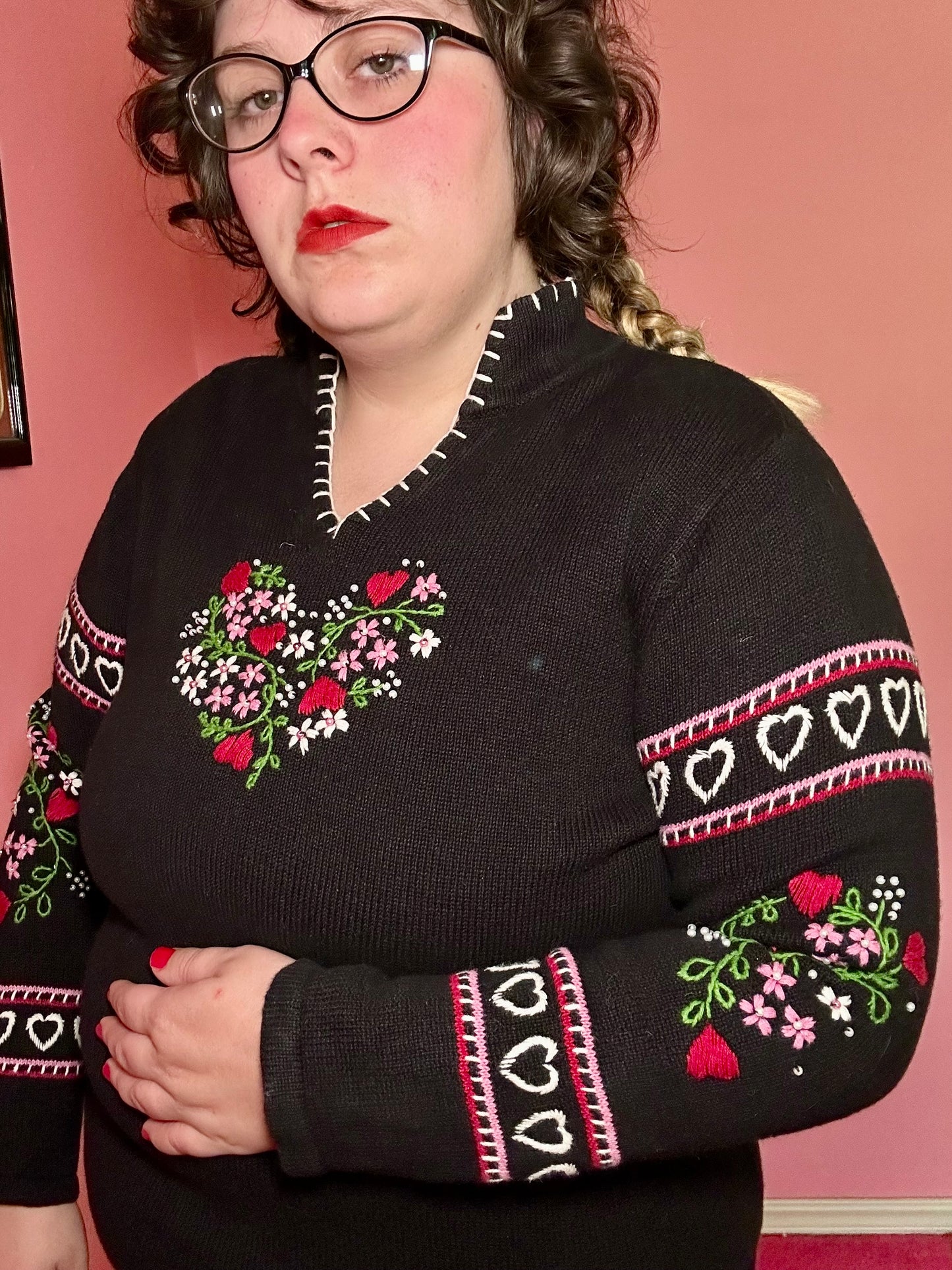 Floral Heart Black Sweater (L)