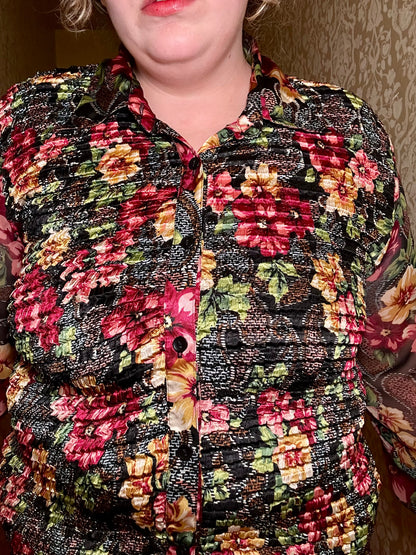 Dark Floral Ruched Button Up (XL)