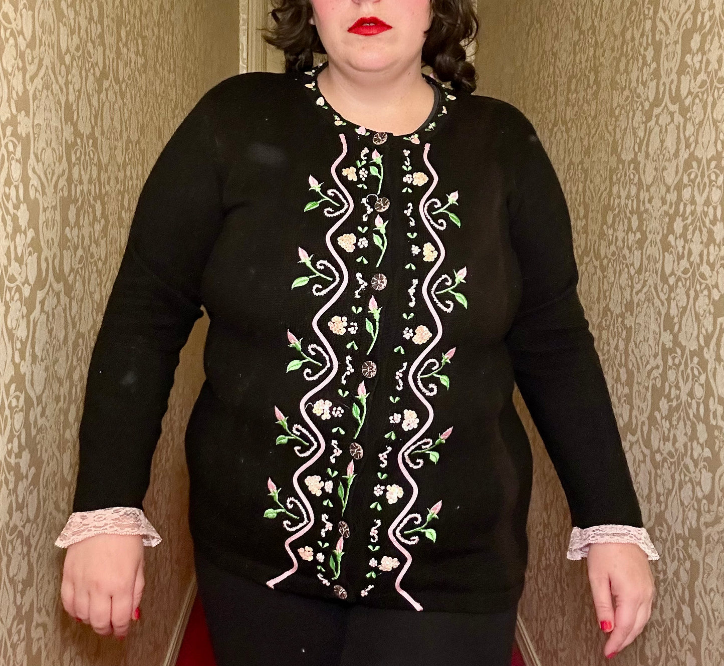 Whimsical Black and Baby Pink Sweater Cardigan (L)