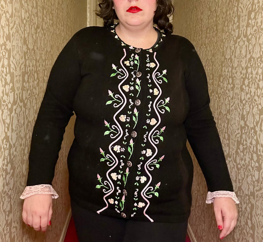 Whimsical Black and Baby Pink Sweater Cardigan (L)