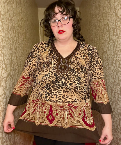 Beaded Leopard Long Sleeve Blouse (XL)