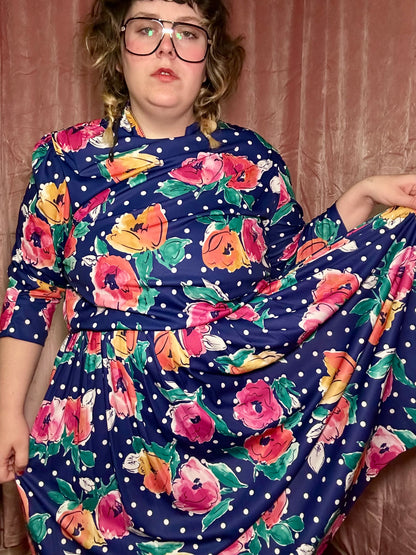 Navy Polka Dot Floral Dress (18W)