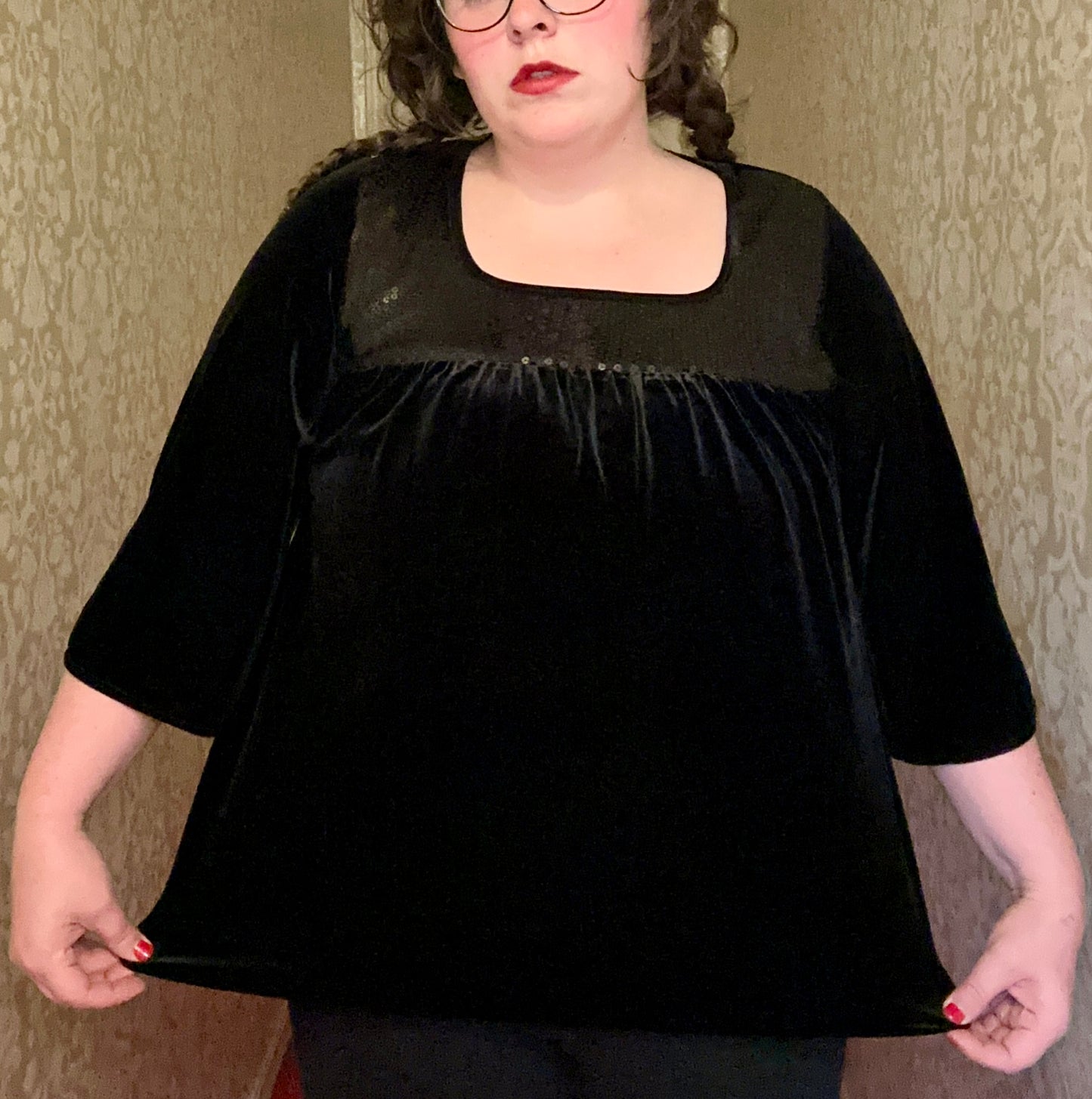 Black Velvet Sparkly Babydoll Top (1X)