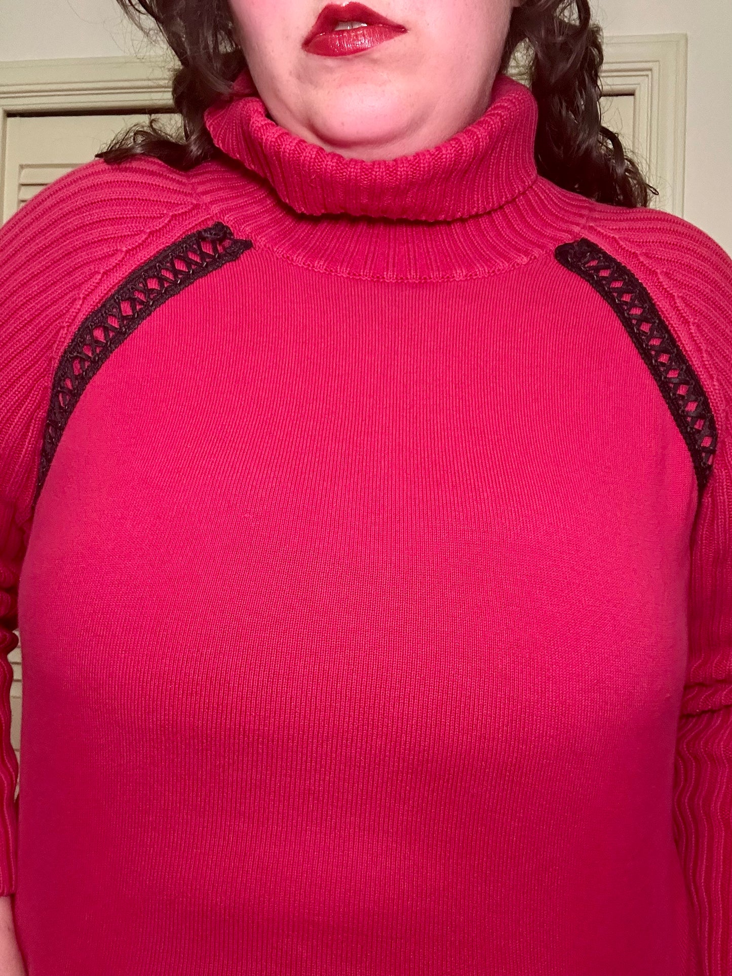 Red Lace Up Detail Turtleneck Sweater (L)