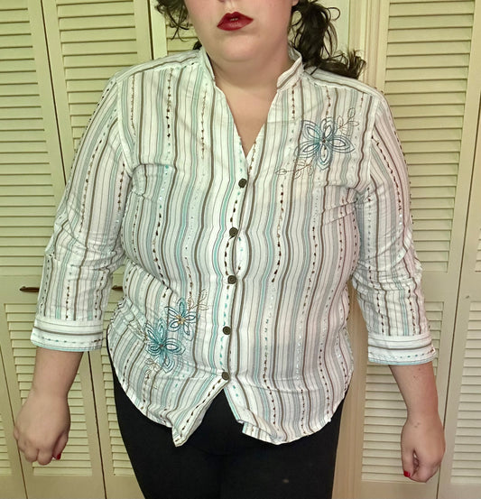 Y2K teal and brown striped blouse (16)