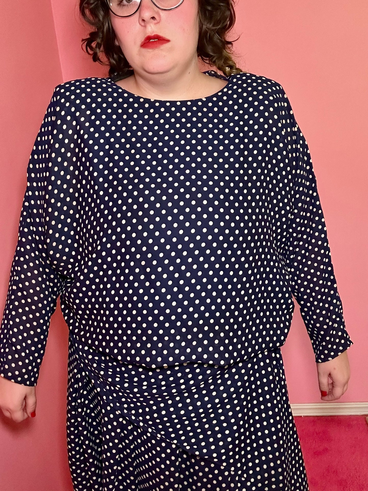 Navy Polka Dot Drop Waist Dress (18)