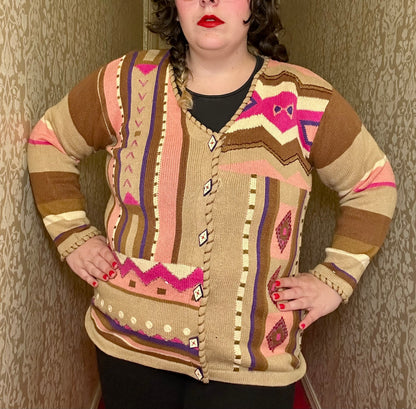 Tan and Pink Southwestern Sweater Cardigan (L)