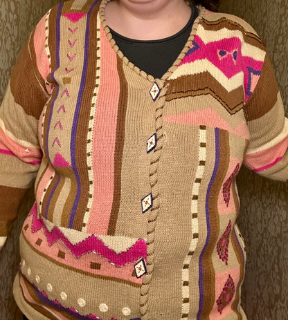 Tan and Pink Southwestern Sweater Cardigan (L)