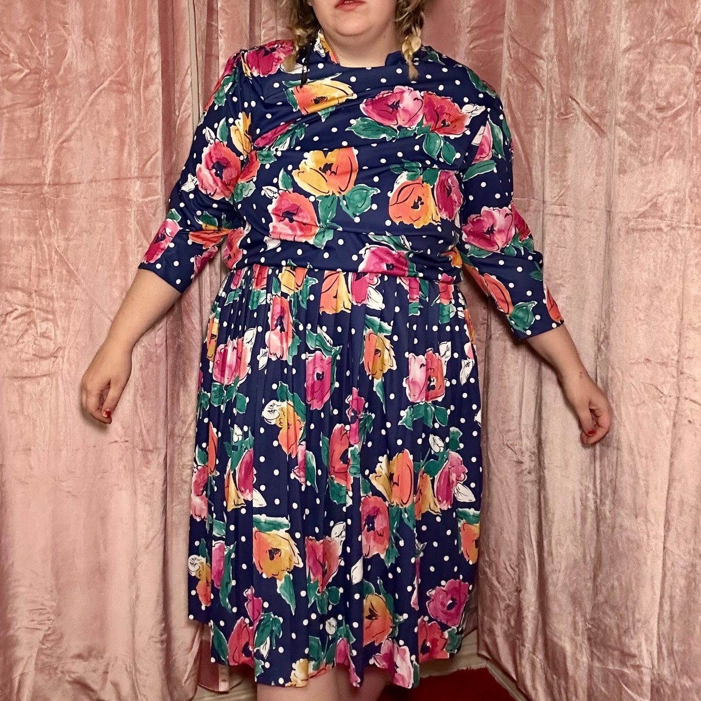 Navy Polka Dot Floral Dress (18W)