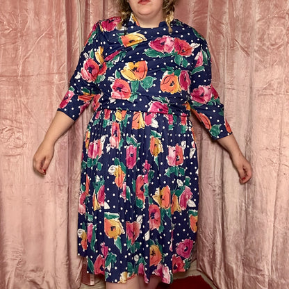 Navy Polka Dot Floral Dress (18W)