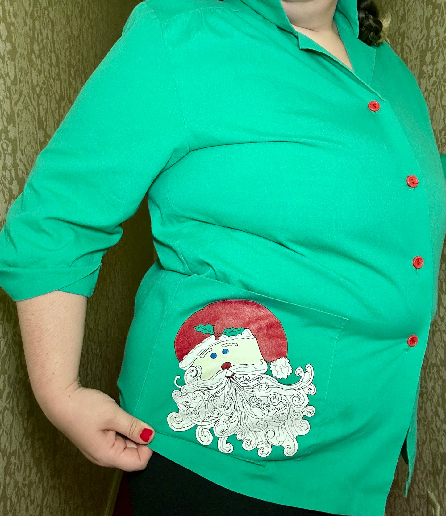 Green Santa Button Up (L)