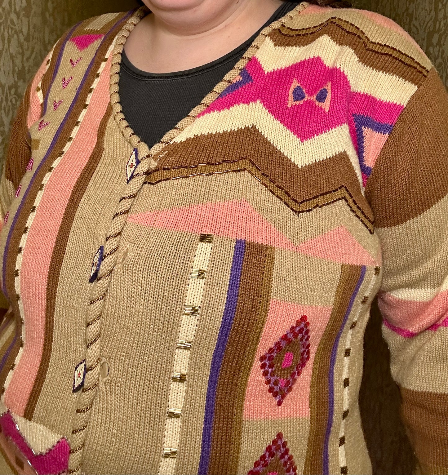 Tan and Pink Southwestern Sweater Cardigan (L)