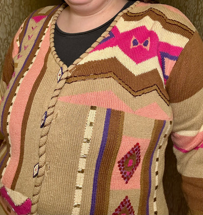 Tan and Pink Southwestern Sweater Cardigan (L)
