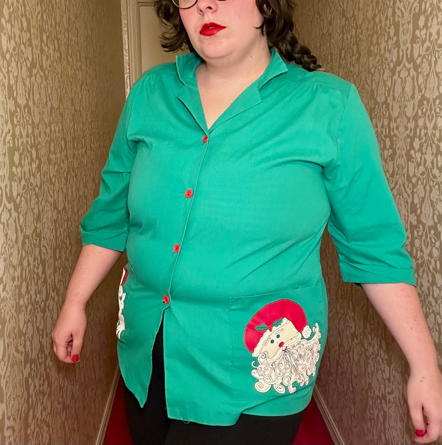 Green Santa Button Up (L)