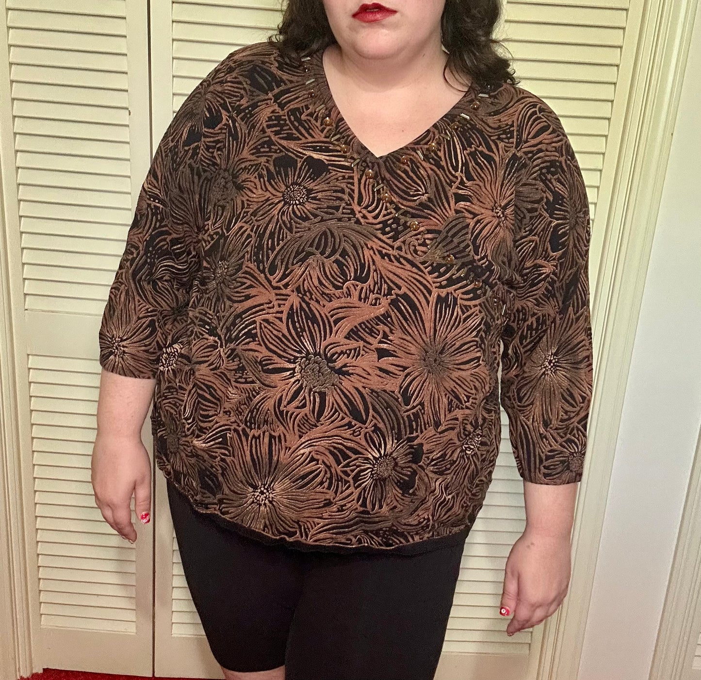 Brown Floral Beaded Top (3X)