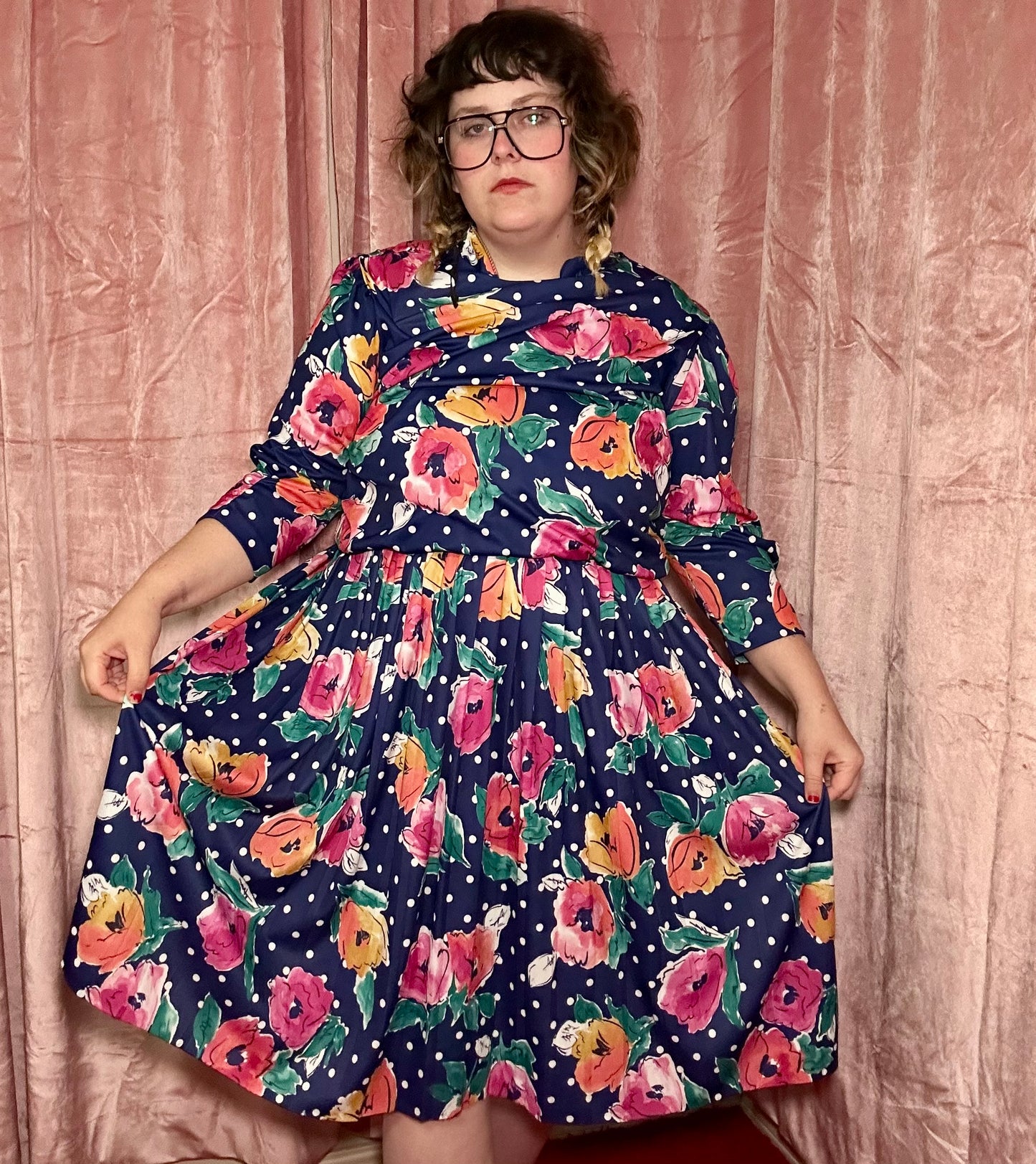 Navy Polka Dot Floral Dress (18W)