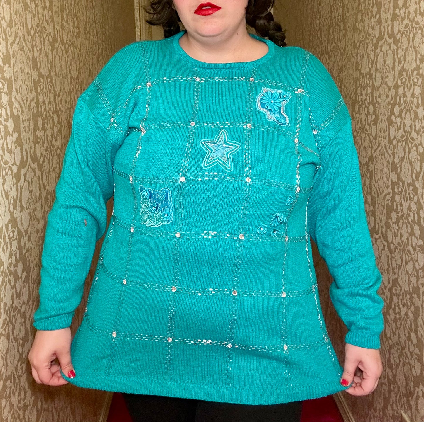 Teal Beaded Sparkle Sweater (XL)