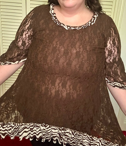 Brown Lace Zebra Ruffle Blouse (XL)