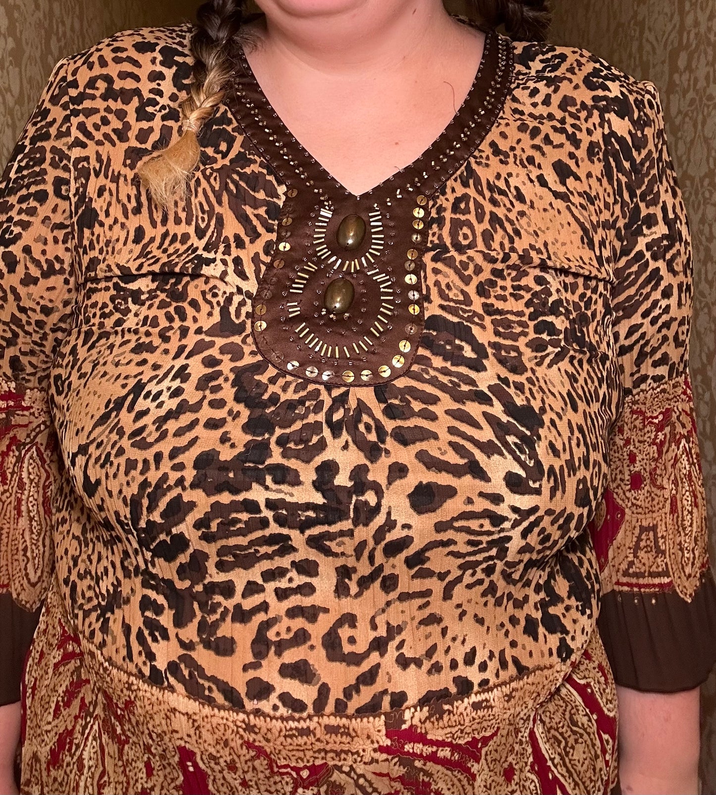 Beaded Leopard Long Sleeve Blouse (XL)