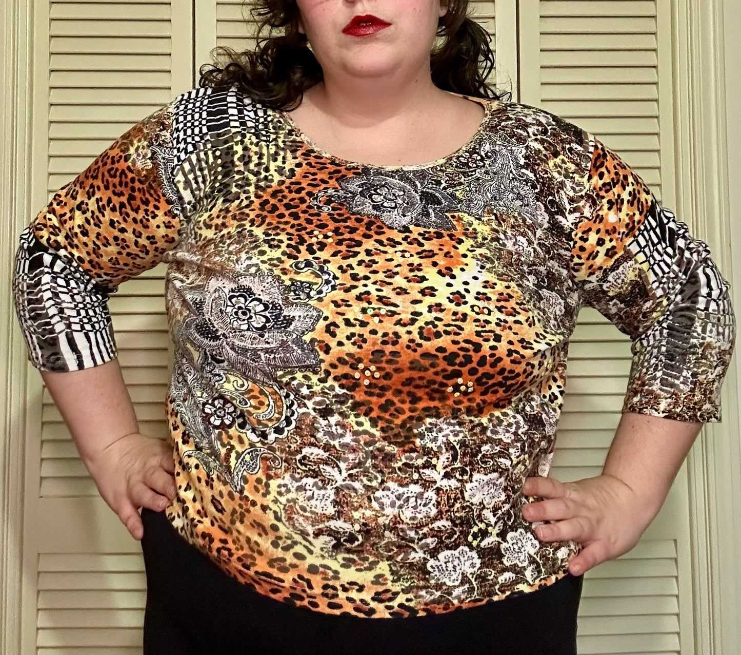 Y2K Leopard Graphic Sequins Top (2X)