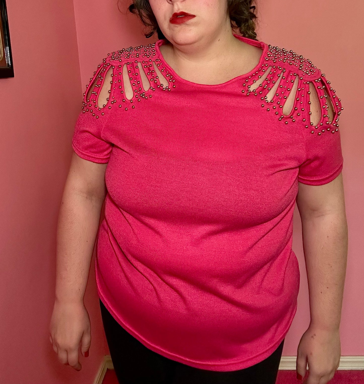 Pink Beaded Shoulder Top (XXL)
