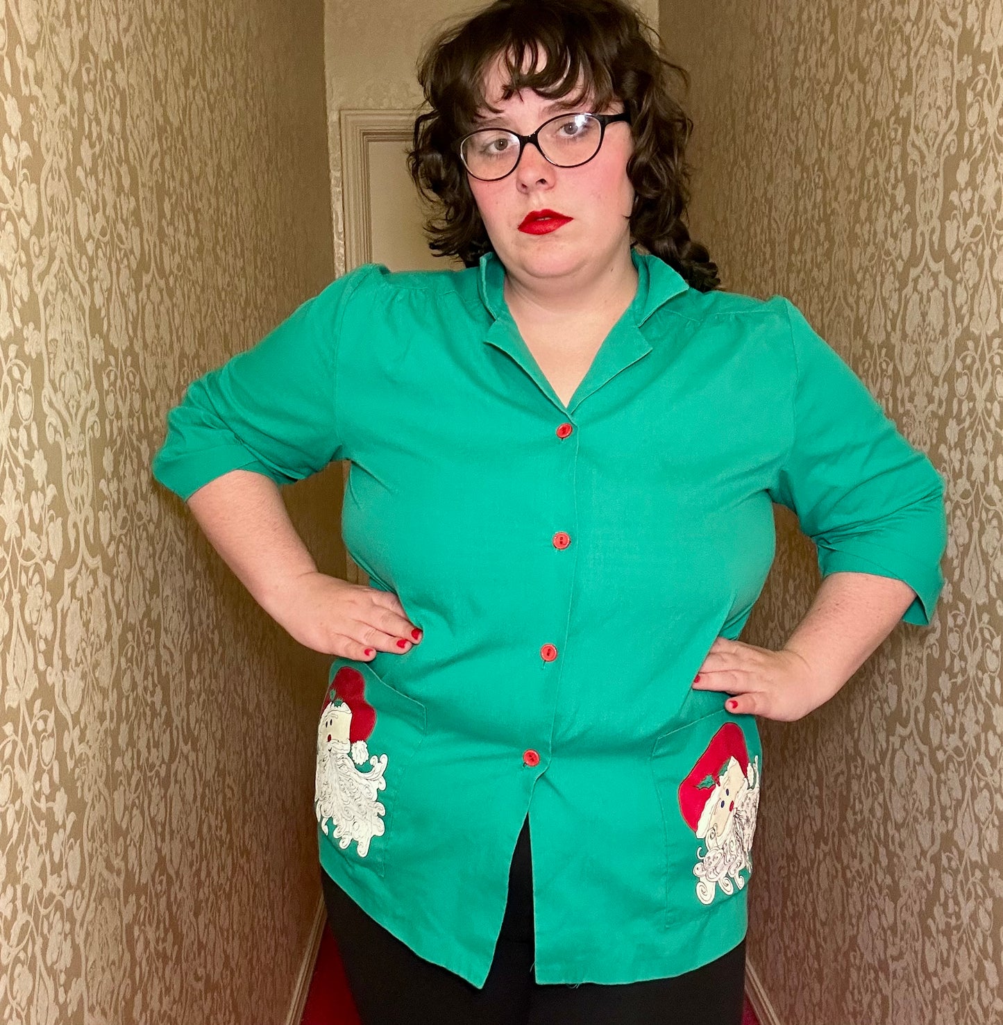 Green Santa Button Up (L)