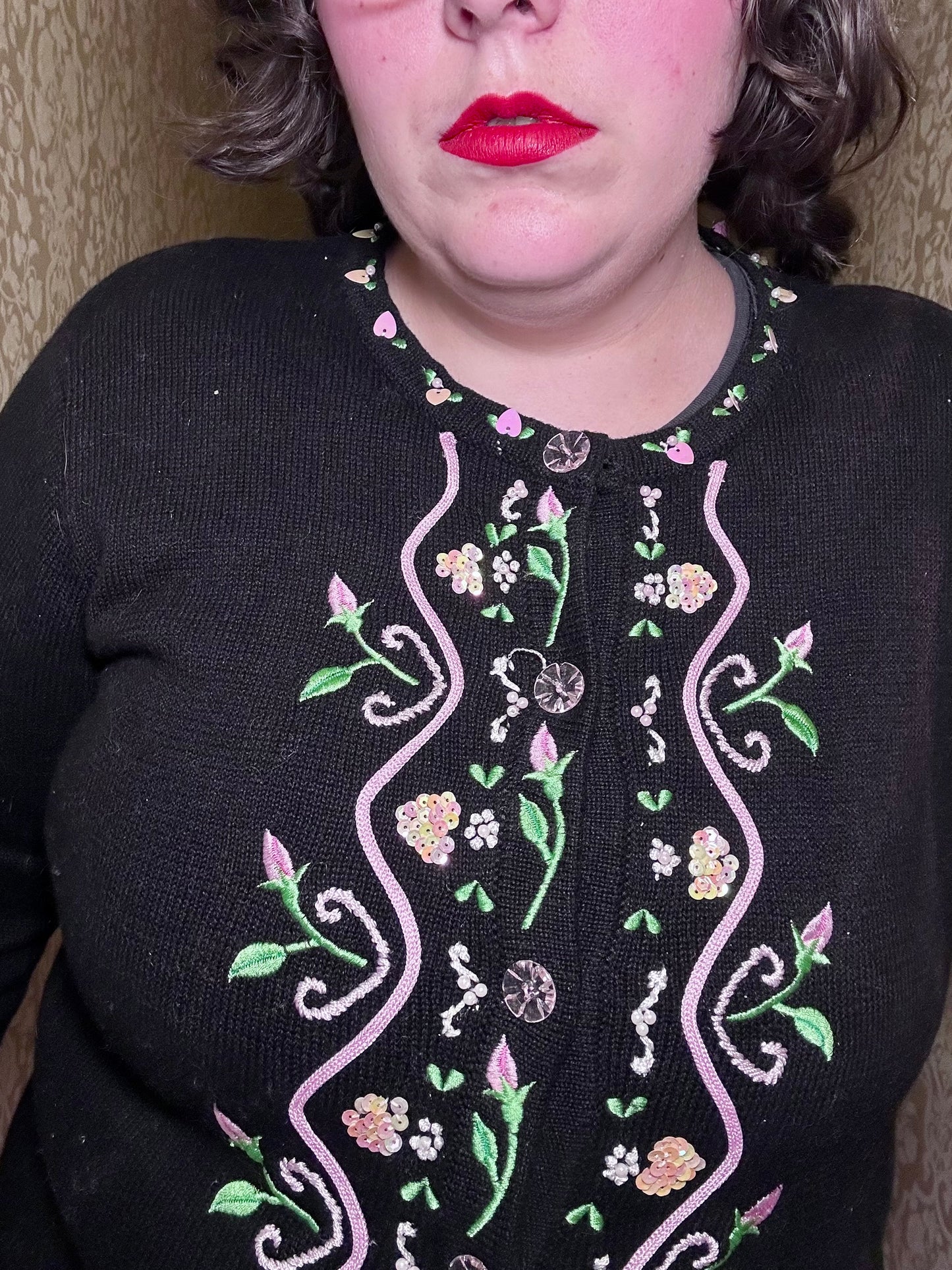 Whimsical Black and Baby Pink Sweater Cardigan (L)