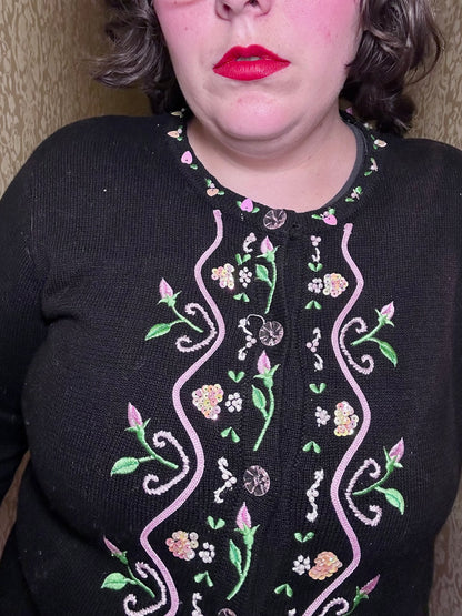 Whimsical Black and Baby Pink Sweater Cardigan (L)