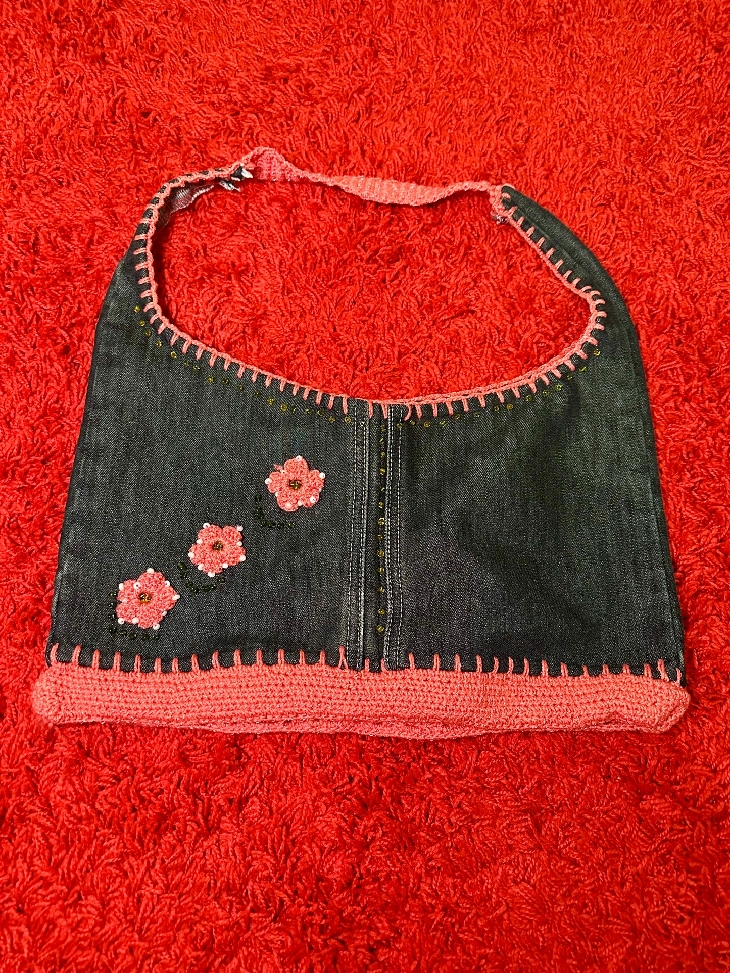 Y2K Denim Floral Beaded Purse