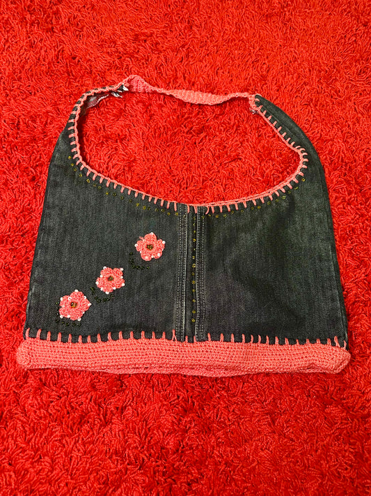Y2K Denim Floral Beaded Purse
